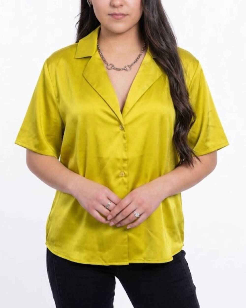NEW EE:SOME satin button up short sleeve blouse in avocado
